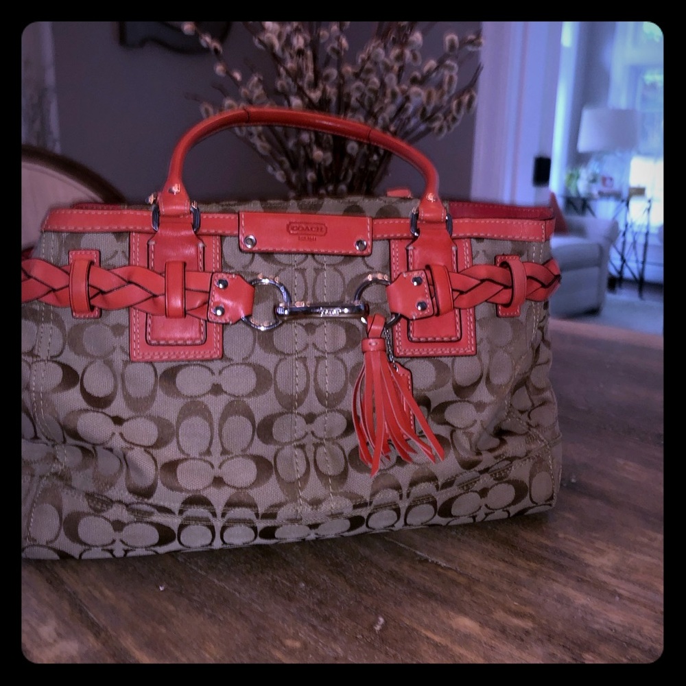 Genuine Coach Signature Satchel with Coral Leather